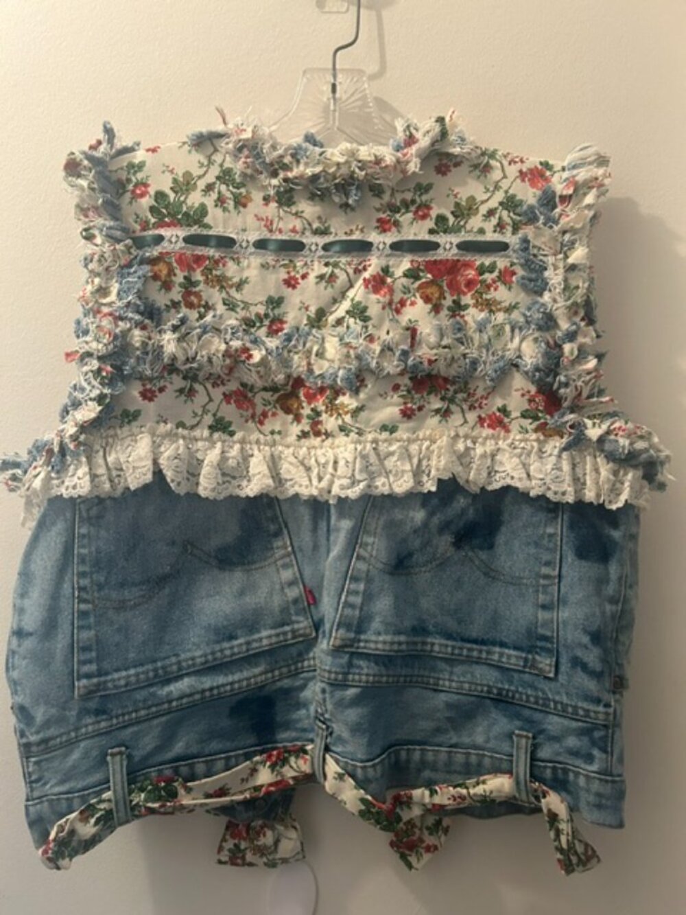 One of a Kind Upcycled Handcrafted Floral Lace Ribbon Distressed Denim Vest - Picture 13 of 16
